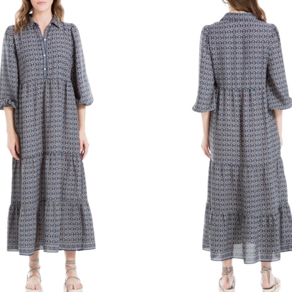 MAX STUDIO Crepe Tiered Maxi Dress Teal / Brick Print Side Pockets 3/4 Sleeves L - Picture 1 of 10